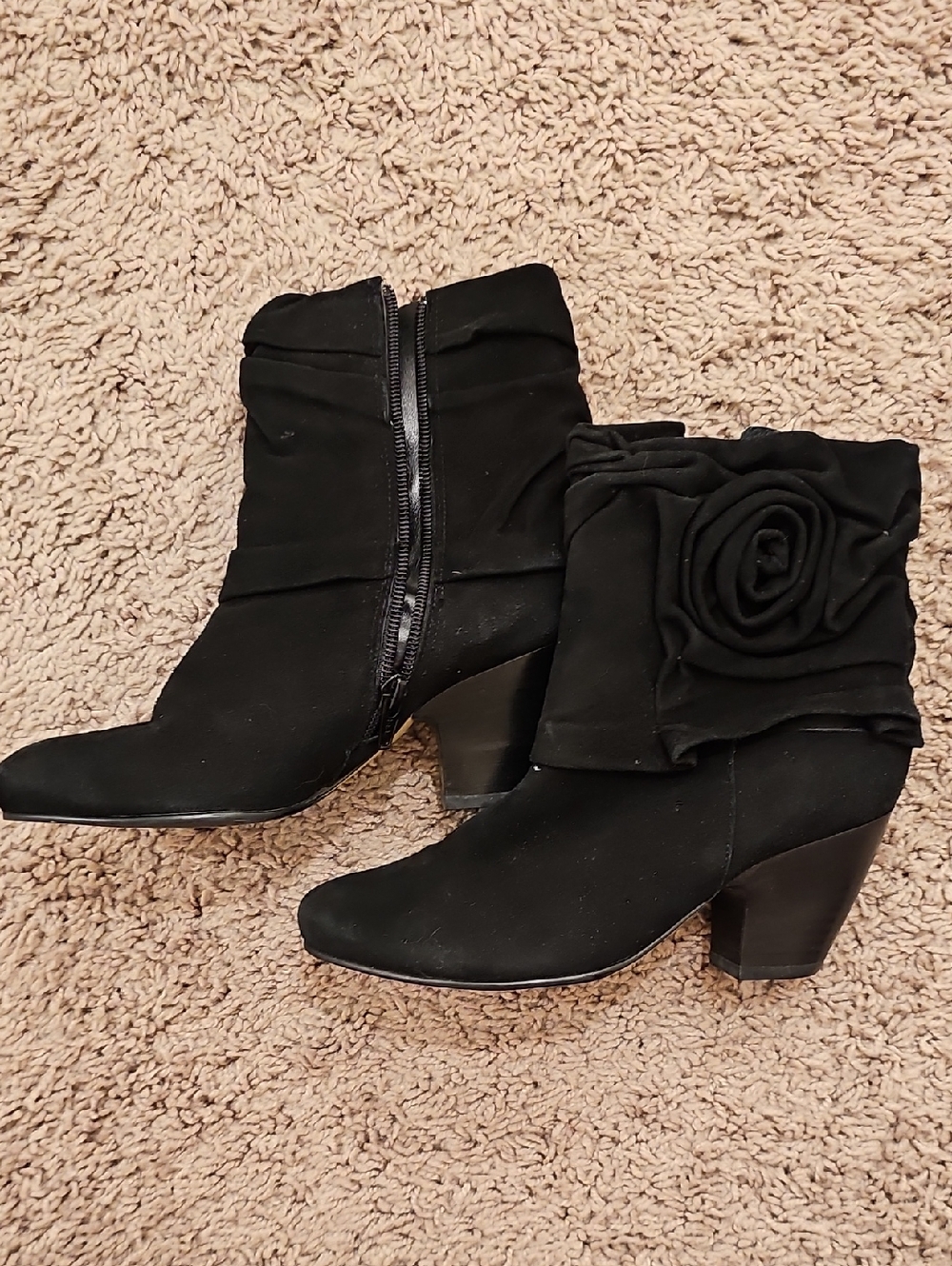Vaneli Black Suede Ankle Boots with Rosette Accent Size 5 Fits Slightly Narrow